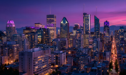 Fototapeta premium Beautiful night view of the city with purple and pink tones.
