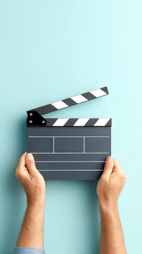 A person holds a film clapperboard against a light blue background, ready to start a scene.