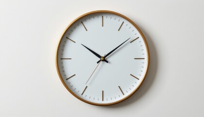 minimalist wall clock with thin brass frame and soft white matte face, isolated object with no inscriptions or markings, clean, minimalistic design without any branding or text