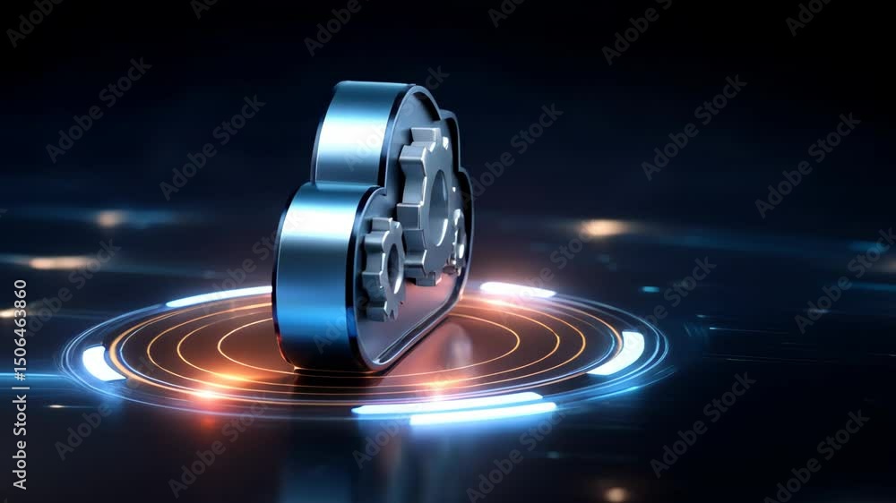 Poster futuristic cloud computing icon with glowing digital interface and metallic gear technology elements