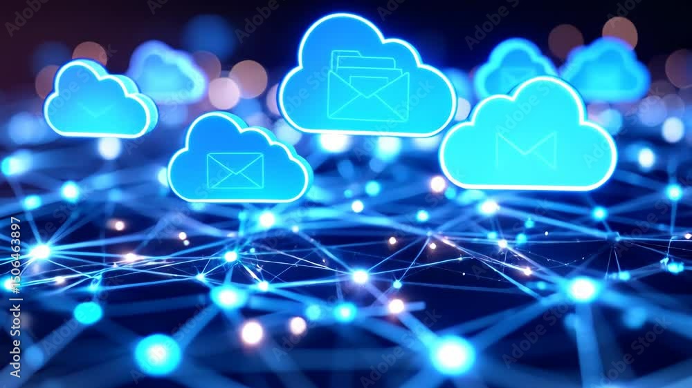 Poster glowing blue cloud icons with email and folder symbols float above connected network of bright nodes