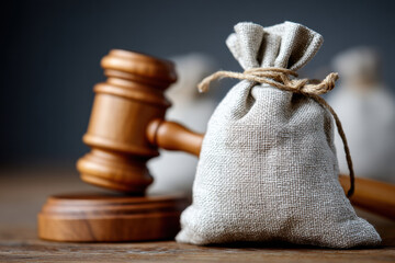 Money bag beside judge’s gavel representing legal financial penalties for criminal or traffic violations