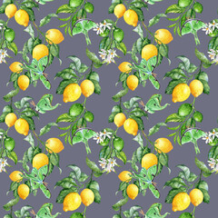 Hand-drawn jointless tiles with lemons and big Butterflies