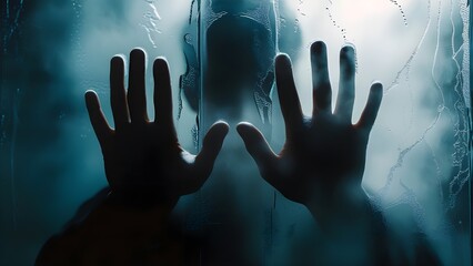 Silhouette Behind Foggy Glass with Hands Pressed &ndash; Mysterious Emotional Scene