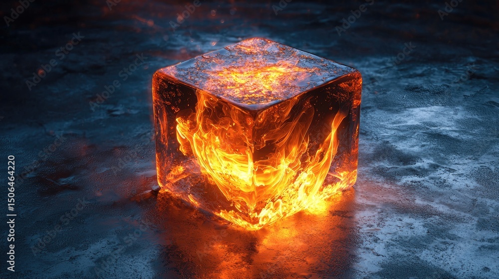 Poster fiery ice cube resting on a dark surface.
