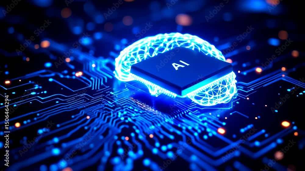 Poster artificial intelligence chip with glowing brain network and digital circuit board, futuristic techno