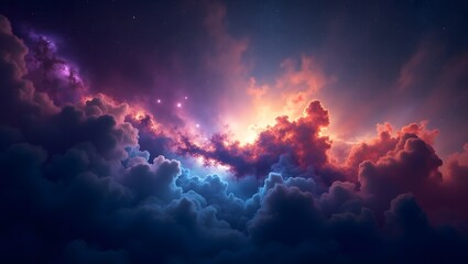 Fototapeta premium Cosmic Nebula Background - Starry Night Sky With Vibrant Purple, Blue, and Orange Clouds