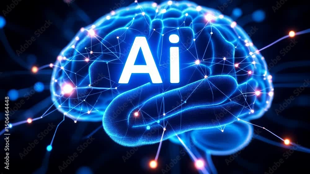 Poster artificial intelligence glowing brain network with digital connections in blue light showcasing tech