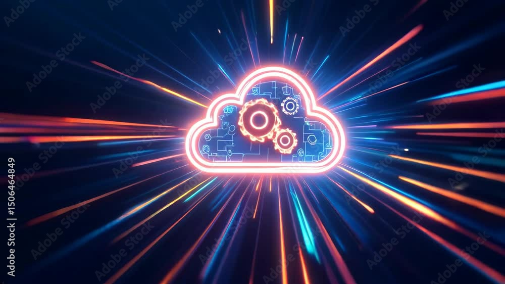 Poster cloud computing concept with glowing neon cloud and gear icons, dynamic light streaks create futuris