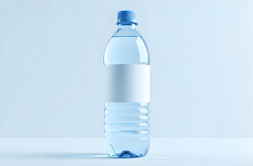 Plastic bottle of water mock up with a blank label isolated on blue background 
