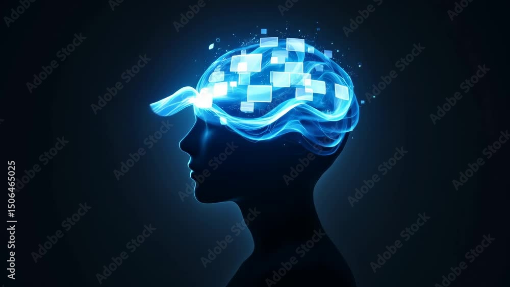 Poster futuristic digital brain with glowing data flow and squares, symbolizing artificial intelligence tec