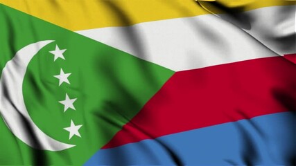 3D animation of the national flag of Comoros waving in slow motion. Close-up view with realistic fabric texture in 4K resolution. Ideal for Independence Day, patriotic videos, and national celebration
