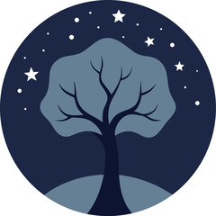 Silhouette vector of a winter tree with a full moon, perfect for a night nature illustration or Halloween decoration