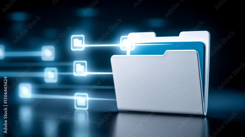 Poster digital folder with glowing file icons representing data transfer and organization futuristic techno