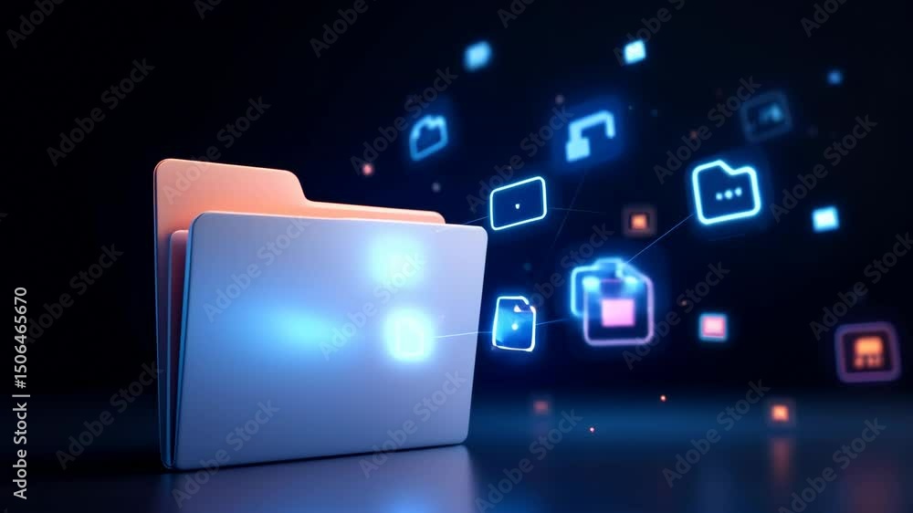 Poster digital folder with glowing file icons, technology concept showing futuristic data storage, transfer