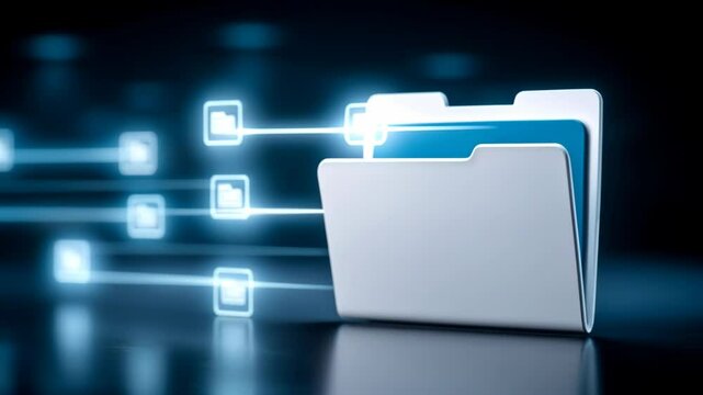 Digital folder with glowing file icons representing data transfer and organization futuristic technology, showcasing efficient digital data management