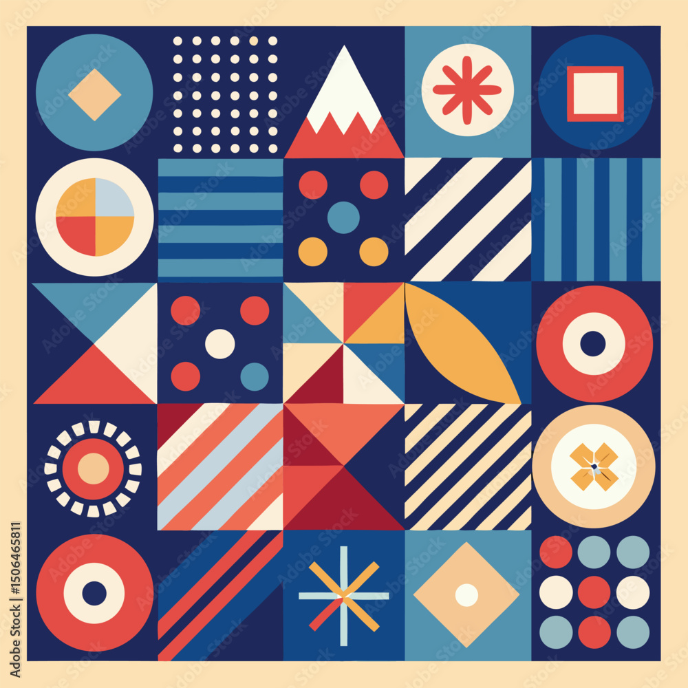 Poster Geometric pattern vector background with Scandinavian abstract color or Swiss geometry prints of rectangles, squares and circles shape design