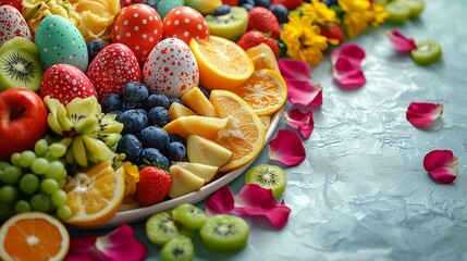 Obraz premium Spring Easter setup with bright eggs, a fruit platter, and flower petals on the left, right side blank for text.