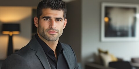 A stylish businessman posing for a portrait in a contemporary office, radiating confidence and professionalism.