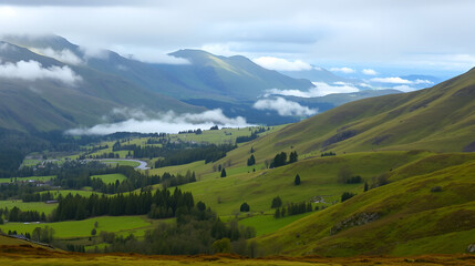 Naklejka premium Misty valleys and verdant hills in the Scottish Highlands.
