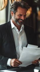 A stylish businessman with a sharp beard, wearing a crisp white shirt and black blazer, smiling while reviewing documents in a sleek workspace.