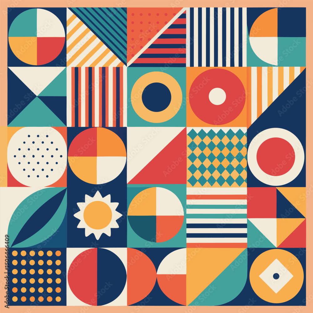 Poster Geometric pattern vector background with Scandinavian abstract color or Swiss geometry prints of rectangles, squares and circles shape design