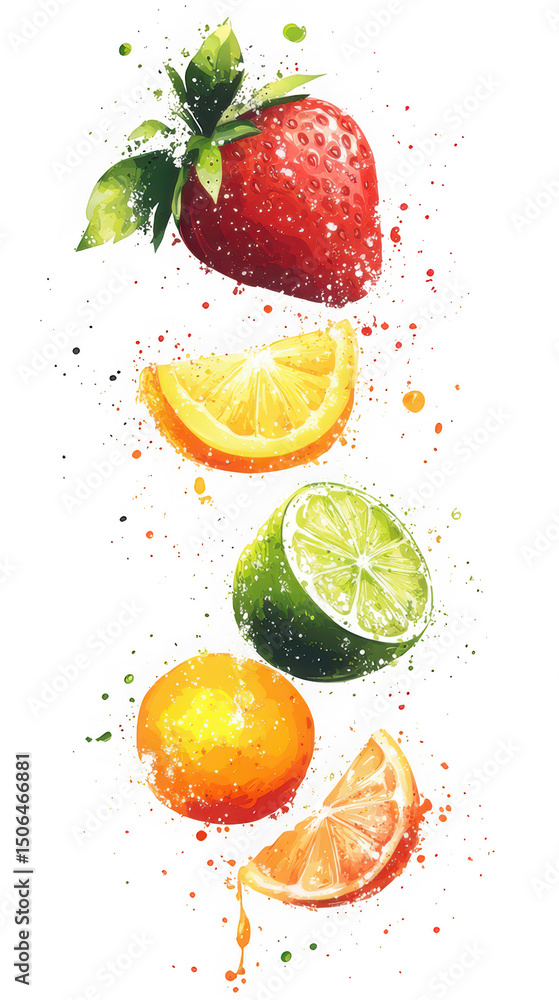 Poster watercolor style fruits stacked vertically with splatters on transparent background