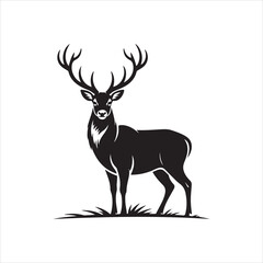Black Deer Silhouette with Antlers Standing in Grass