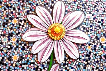 Colorful mosaic flower with pink and white petals on tiled background