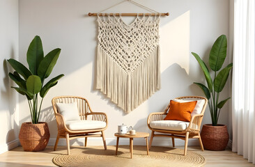 Boho style living room with two chairs and macrame on the wall, beige colours with bright accent 