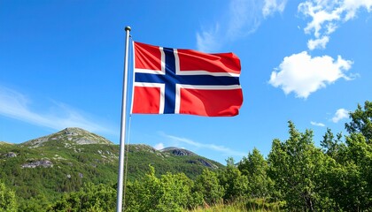 Norway flag waving on the flag pole with blue sky background