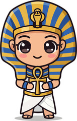 Cute Chibi Egyptian Pharaoh Holding Ankh – Cartoon Vector Illustration