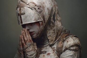 Un caballero con armadura ensangrentada se arrodilla en señal de contrición.