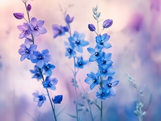 Close-up of Larkspur flowers, tall spikes of vibrant blue and purple blooms