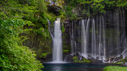 Breathtaking view of Shiraito no Taki waterfalls cascading down a lush, moss-covered cliff into a tranquil pool below.