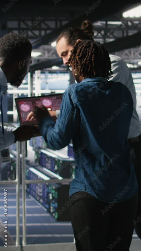 Poster vertical video worried workers trying to fix hacked infrastructure systems. panicked engineers in da