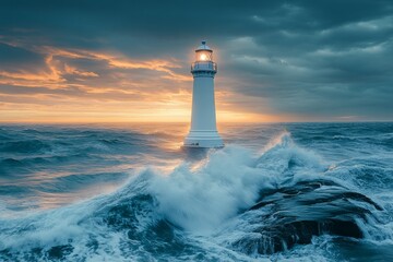 Lighthouse guiding ships during stormy sunrise