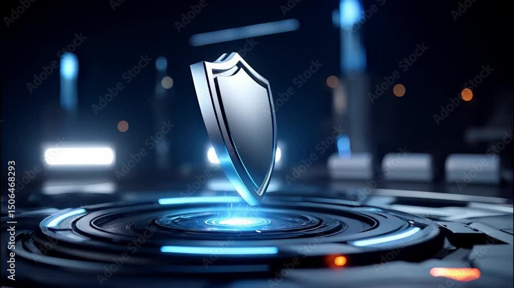Aufkleber digital technology rotating shield icon materializes from particles in dark background