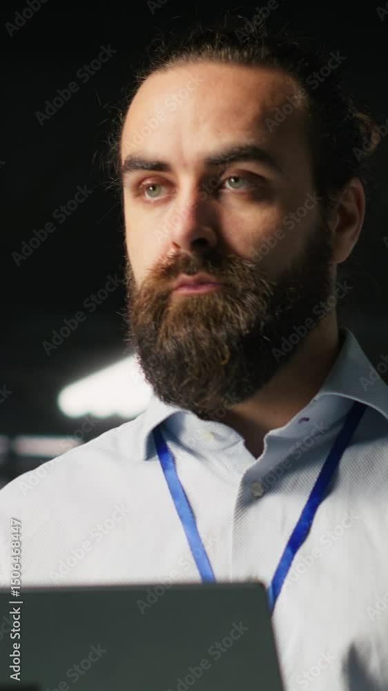 Poster vertical video data center admins monitoring artificial intelligence llm visualization. teamworking 