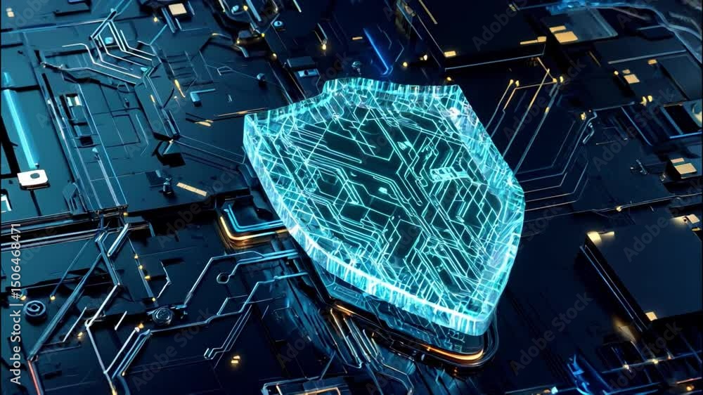 Poster glowing shield shape formed by circuitry wires symbol of digital security and technology