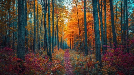 Fototapeta premium Autumnal forest path bathed in vibrant hues.