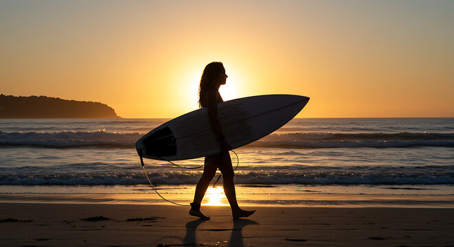 Silhouette of a surfer walking on the beach at sunset carrying a surfboard - Powered by Adobe