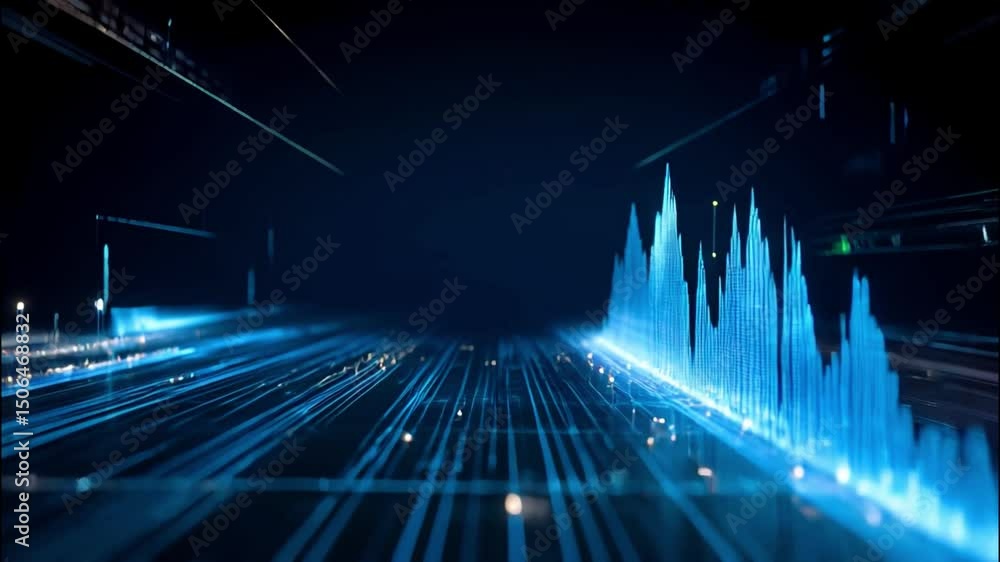 Poster digital waveforms and data peaks exploring curved graph lines and their vibrant patterns
