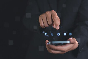 Close up of user hand touching a digital interface with internet storage icons, representing a highly secure cloud platform used for managing and protecting sensitive data in modern systems