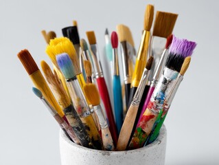 Un primer plano de un bote lleno de pinceles de pintura de diversos tama&ntilde;os y colores.