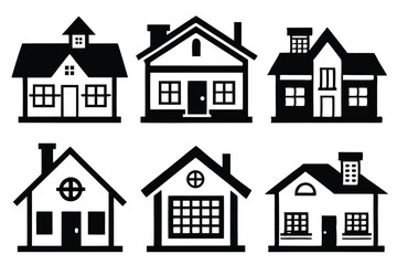 Fototapeta premium Set of six different houses in black and white vector illustration