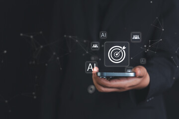 Corporate leader engages with virtual interface to demonstrate key elements of business strategy, using modern technology to drive goals and improve management performance