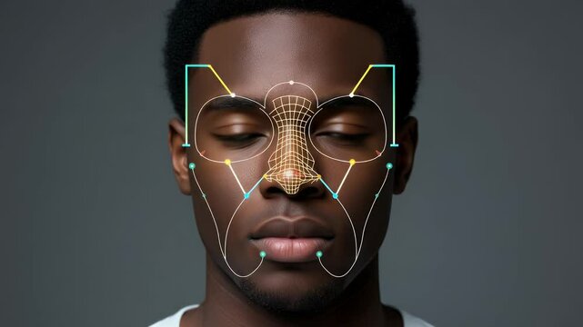 Facial recognition technology overlay on a person's face