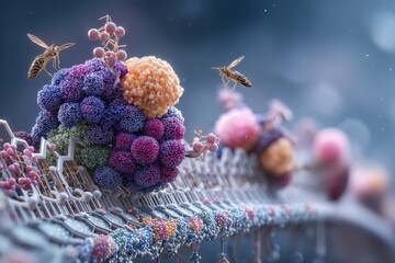 Una representación artística de una estructura genética exuberante con abejas polinizando flores vibrantes.