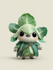 Una adorable criatura vegetal con forma de lechuga, con grandes ojos expresivos y una mirada tierna.